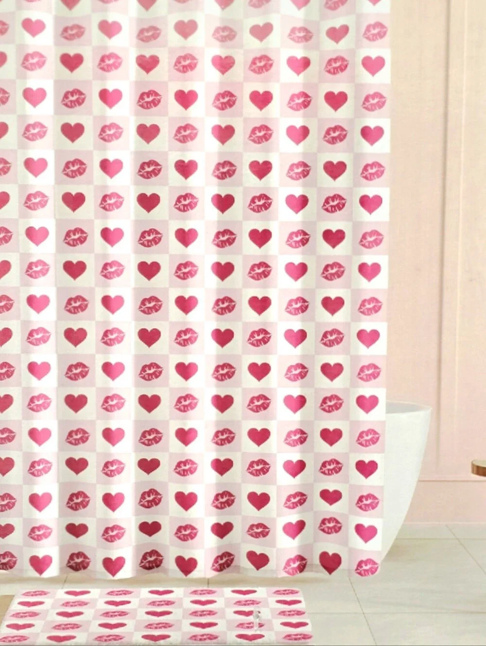 Betsey Johnson Heart & Kiss Pattern Multi-Piece Shower Curtain & Bath Rug Set